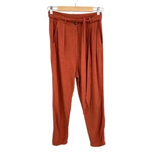 Linen Blend Barrel Leg Pants High Rise Boho‎ Trendy Career Belt Orange Size S